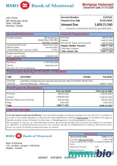Kanada Bank of Montreal wyciąg z kredytu hipotecznego szablon Word i PDF